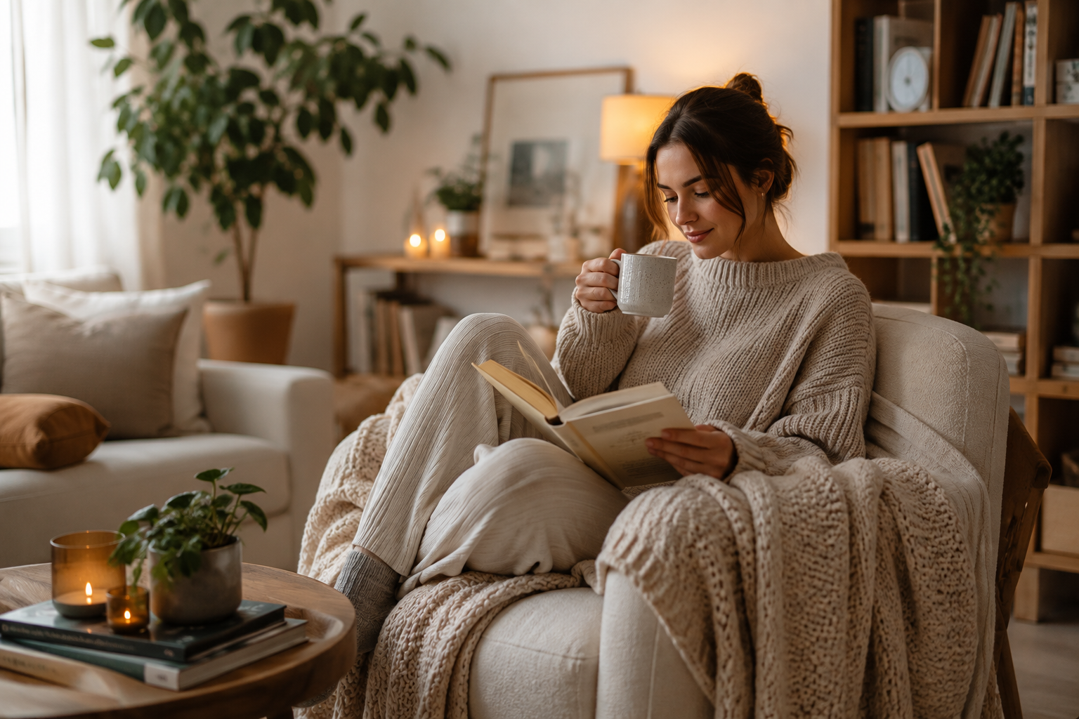 cozy home interior with woman drinking coffee