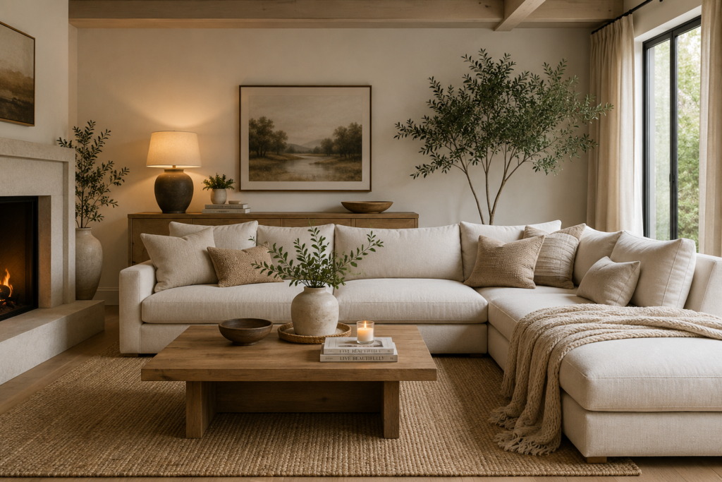 Elegant living room with neutral colors and natural textures