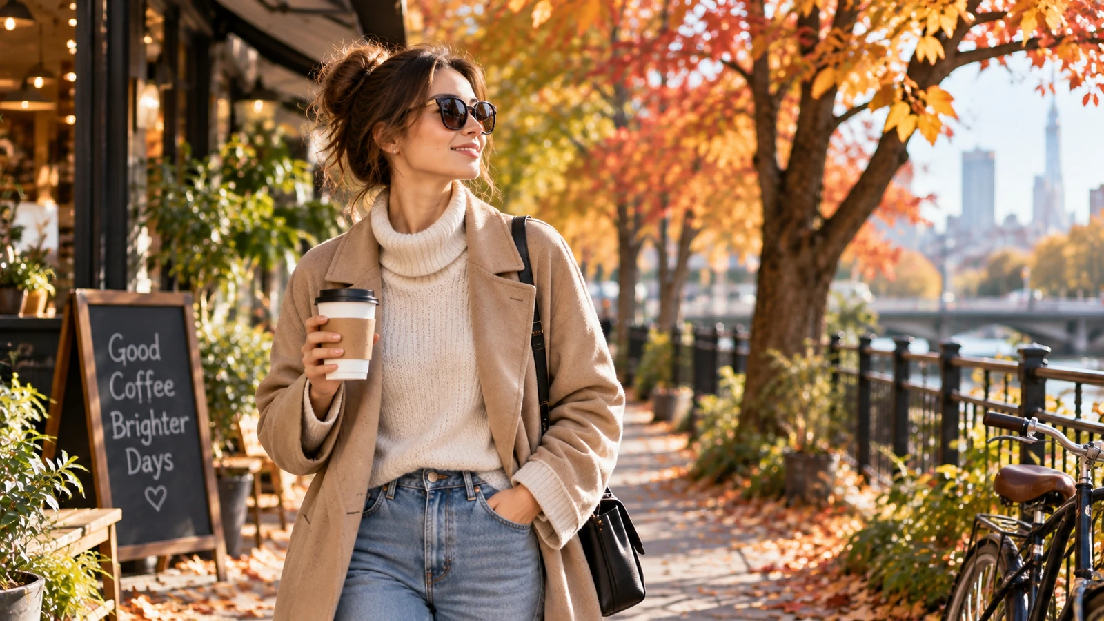 Woman walking with coffee along an autumn city street
