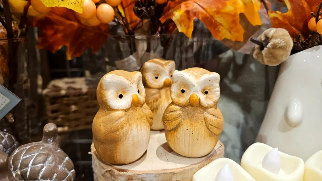 Cute owl decorations with autumn leaves in a Japanese store