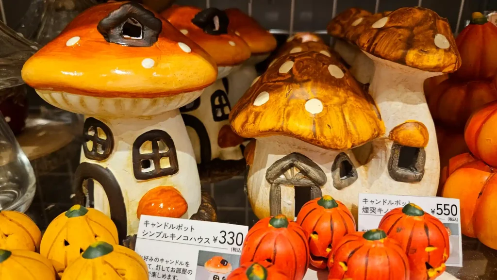 Mushroom candle holders and pumpkin decorations in Japan